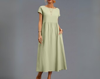 Dames zomer maxi-jurk, katoenlinnen harajuku boho jurk, vintage losse zonnejurk, Y2K zakken lange jurk