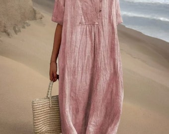 Stilvolles Leinenkleid mit V-Ausschnitt für den Sommer, trendige Damenmode, Kurzarm, lässige lockere Passform, komfortabler, schicker Look, Baumwoll-Leinenbekleidung.