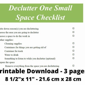 Declutter One Small Space Checklist PDF Descarga instantánea Tamaño carta imprimible