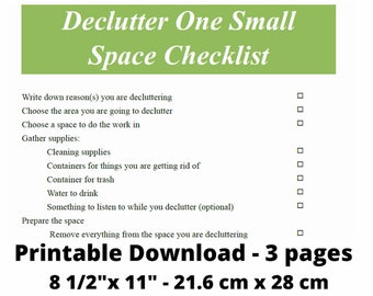 Declutter One Small Space Checklist PDF Instant Download Printable Letter Size