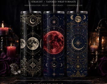 Gothic Celestial Tumbler Wrap Bundle | Moon Phase, Dark Academia, Witchy Designs (Digital Download)