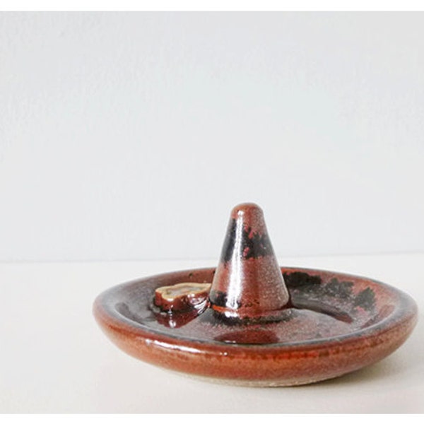 Ring dish with flower - ceramic pottery ring holder black bronze tenmoku glaze