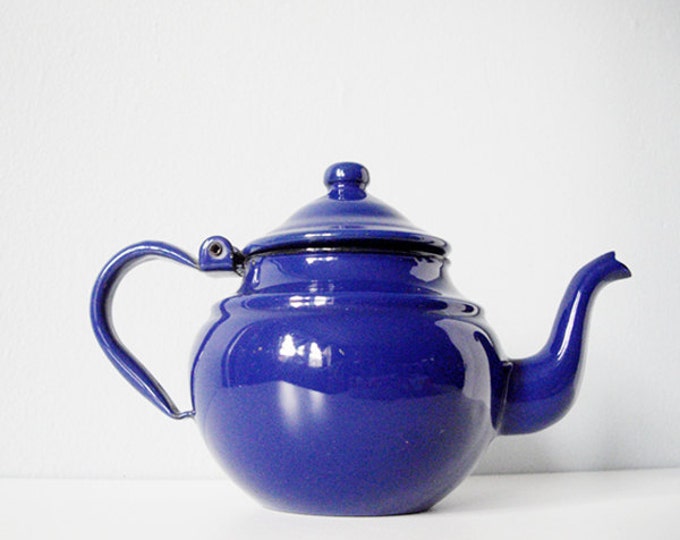 Vintage Enamel Teapot Bright Cobalt Blue Enamel Vintage Tea Pot Retro