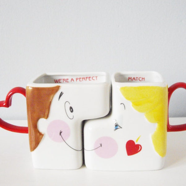 Vintage his & hers kissing mugs - romantic adorable sweet We're a Perfect Match cup pair with hearts