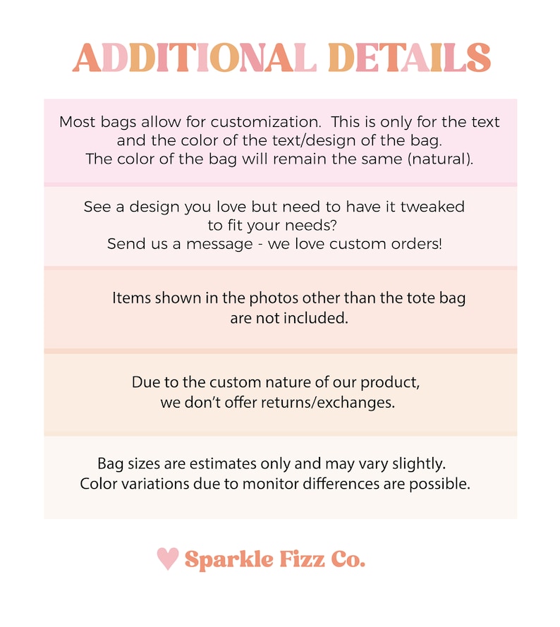 May include: A pink and orange graphic with the text "ADDITIONAL DETAILS" in bold, black letters. The text below explains customization options for bags, including the text and design of the bag. It also states that the bag color will remain the same. The graphic also includes information about custom orders, returns, and size variations. The graphic ends with the text "Sparkle Fizz Co." in pink and orange letters.