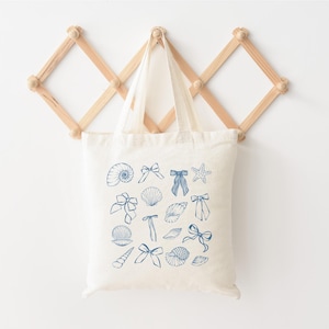 Coquette Seashell Tote Bag, Bow Beach Tote, Coastal Tote Bag for Women, Beach Totes, Summer Vibes Tote Bag, Beach Bachelorette Gift Bag