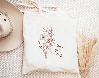 Birth Flower Custom Tote Bags for Bachelorette Party, Boho Bridal Shower Customizable Name Tote Bag, Personalized Bridal Party Gift Bag, BMF