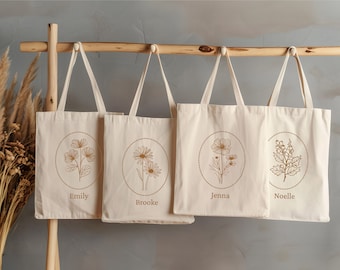 Birth Flower Custom Totes for Bachelorette Party, Boho Bridal Shower Customizable Name Tote Bag, Personalized Bridesmaid Gift  BMF1