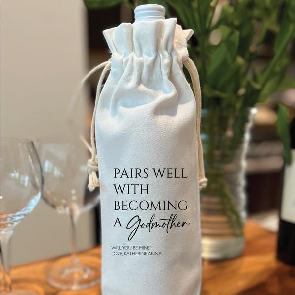 Pairs well with being a Godmother, Custom Baby Announcement Wine Bag, Personalized Pregnancy Announcement, Gift for Godmother Proposal WB44