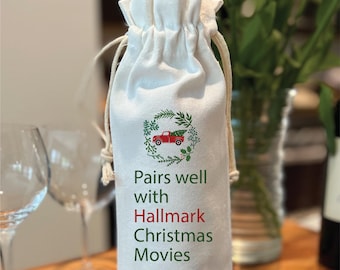 Pairs well with Hallmark Christmas Movies, Christmas Housewarming Gift, Christmas Card, Christmas Wine Label, Wine Gift Bag