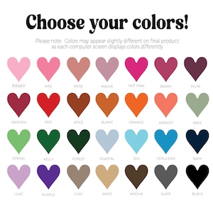 May include: A chart of 24 heart-shaped color swatches with names below each swatch. The colors include pink, red, orange, green, blue, purple, brown, and gray.
