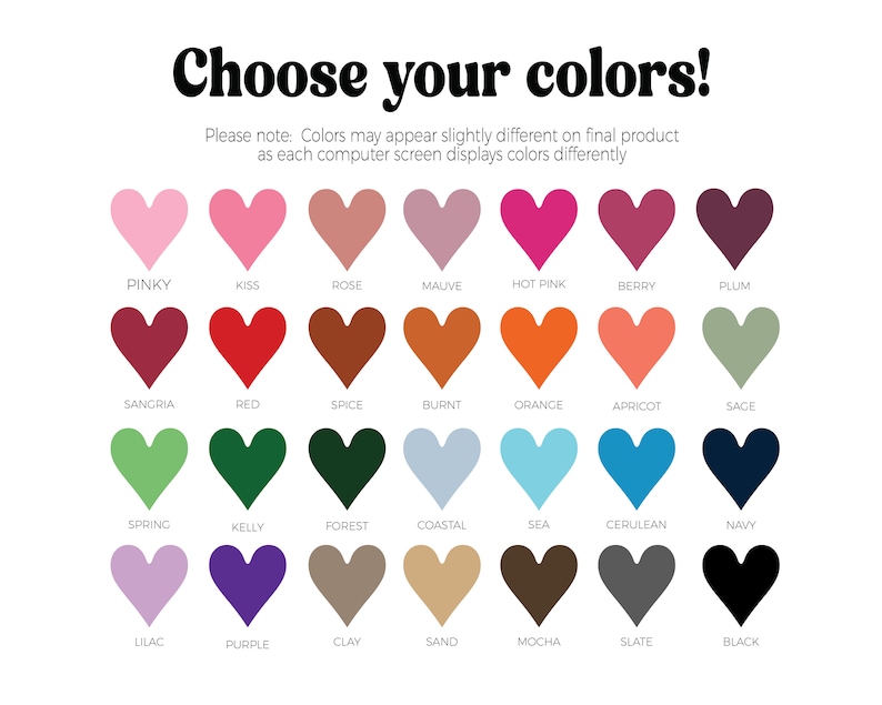 May include: A chart of 24 heart-shaped color swatches with names below each swatch. The colors include pink, red, orange, green, blue, purple, brown, and gray.