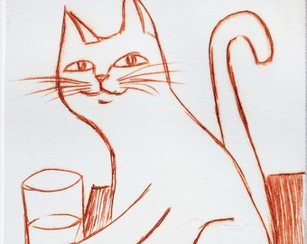 Naughty Cat - 7" x 11" drypoint of cat pushing glass of table - drypoint, ORIGINAL ART, works on paper, orange