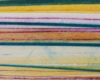 Stripes 90 - yellow, pink, turquoise striped Collagraph hand-pulled print - 4.25 x 4.25 inches OOAK