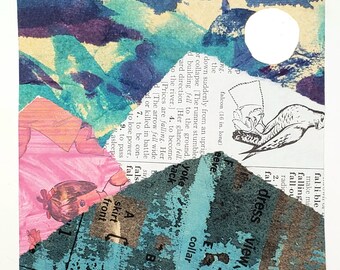 Falcon - collage of mountain ranges and night sky with cloudy sky and GOLD moon - OOAK - original art 5.5" x 6"