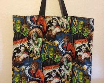 Reversible large market tote Horror Movie Fright Night Black Canvas Extra Large Shopping