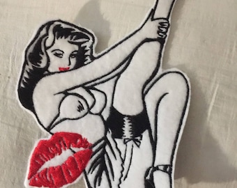 LARGE Jacket Patch Pinup Girl patch lady Retro Girl Patch Garter Sexy Red Lips Lingerie Large Jacket Patch