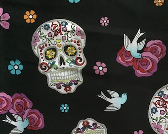 Halloween Fabric Cotton Sugar skull Glitter BTY