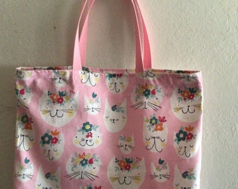 Cute Cat Tote Kitty Flower Power Shoulder Tote Large Gradution gift Carry all Farmer Market Shopping Canvas