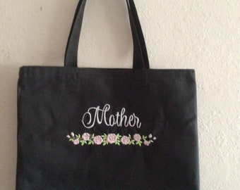 Mother Roses Tote Black Canvas Farmers Market Tote Shopping Bag Pink Roses