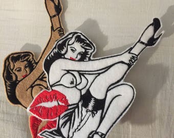 LARGE Jacket Patch Pinup Girl patch lady Retro Girl Patch Garter Sexy Red Lips Lingerie Large Jacket Patch