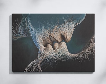 Abstract Kiss Canvas Print, Romantic Couple Painting, Modern Home Decor