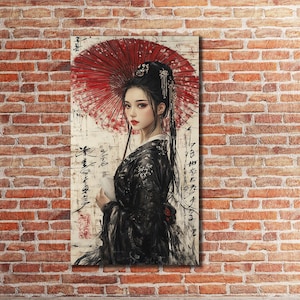 Arte de parede em tela de mulher asiática, decoração de parede de gueixa, presente de impressão abstrata, pintura de mulher com guarda-chuva, decoração de casa de luxo, arte em tela de gueixa