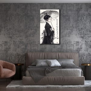 Arte de parede em tela de mulher asiática, decoração de parede de gueixa, presente de impressão abstrata, pintura de mulher com guarda-chuva, decoração de casa de luxo, arte em tela de gueixa