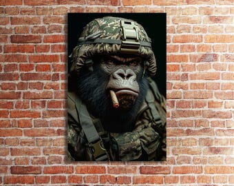 Soldier Monkey Canvas Print, Military Gorilla Wall Art