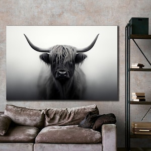 Black and White Highland Cow Canvas Wall Art, Canvas Print, Extra Large Wall Art, Highland Cow Wall Art, Highland Cow Art