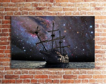 Tela impressa com navio pirata, decoração náutica para casa, arte de parede inspirada na galáxia.