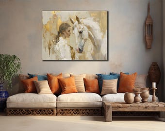 Lienzo impreso de mujer y caballo blanco, decoración para la pared del salón