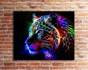 Leopard Canvas Print, Neon Jungle Animal Art, Wall Decor