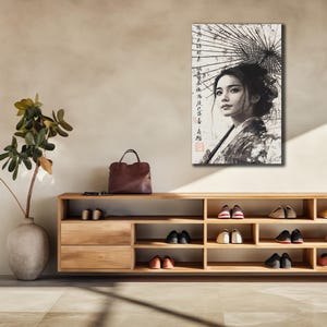 Arte de parede em tela de mulher asiática, decoração de parede de gueixa, presente de impressão abstrata, pintura de mulher com guarda-chuva, decoração de casa de luxo, arte em tela de gueixa