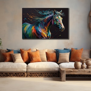 Pferd Wandbild, Buntes Pferd Leinwanddruck, Pferd Ölgemälde Leinwanddruck, Wildes Pferd Leinwand Wandkunst, Pferd Wanddekor, Pferdekunst