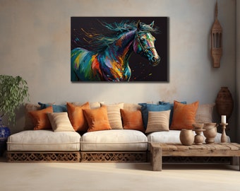 Lienzo impreso de caballo colorido, arte mural de Mustang salvaje