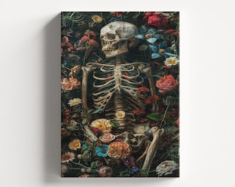May include: A human skeleton surrounded by a variety of colorful flowers. The skeleton is lying on its back with its arms outstretched. The flowers are in various shades of red, pink, blue, yellow, and white.
