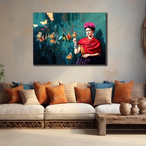 Frida&Butterflies Painting on Canvas, Modern Printed, Woman Wall Decor, Frida Pink Flowers Painting, Butterfies Wall Decor, Canvas or Poster