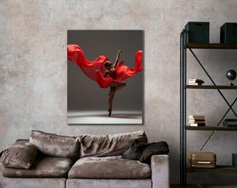 Canvas zwarte ballerina, muurkunst rode jurk danseres