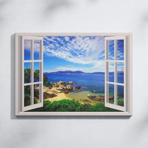 Fake Window Canvas Print, Bedroom Wall Decor, Window View Canvas Wall Art, Open Window Decor, Beach Wall Art, Living Room Decor,Wall Hanging