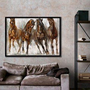 Couple Horse Canvas Wall Art, Brown Horse Canvas Print, Living Room Canvas, Nature Art Pieces, Unique Wall Art, Vertical Art for Wall Decor