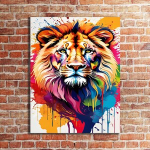 Colorful Lion Portrait Wall Art, Lion Canvas Painting Decor, Animal Wall Hanging, Gift for Boyfriend, Living Room Decoration, Large Wall Art