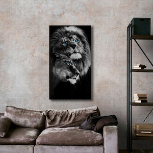 Lion Couple Canvas Print, Animal Couple Art, Black and White Wall Art, Lion and Lioness Wall Hanging, Animal Lover Gift, Powerful Decor