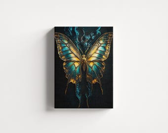 Butterfly Canvas Art, Teal Gold Insect Wall Decor