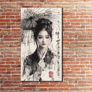 Arte de parede em tela de mulher asiática, decoração de parede de gueixa, presente de impressão abstrata, pintura de mulher com guarda-chuva, decoração de casa de luxo, arte em tela de gueixa