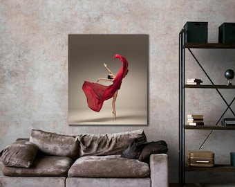 Canvaskunst ballerina, danseres in rood, muurdecoratie woonkamer