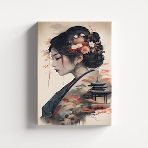 Arte de parede em tela de gueixa, arte de parede japonesa, decoração japonesa, impressão em tela de mulher étnica, decoração de parede em tela, impressões de arte asiáticas, decoração tradicional