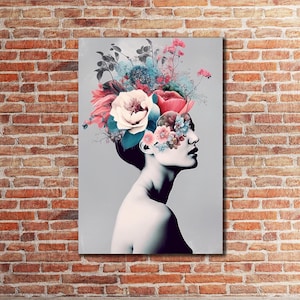 Woman Canvas Print Art, Flower Head Girl Wall Decor, Woman with Flower Head Canvas Art, Wall Hanging, Abstract Art Decor, Canvas Gift