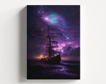 Tela impressa com tema de navio pirata galáctico, pronta para pendurar.
