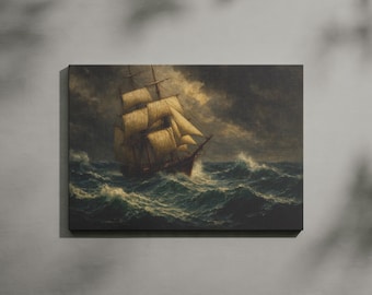 Impresión en lienzo de un velero antiguo, mar tempestuoso, arte náutico para pared
